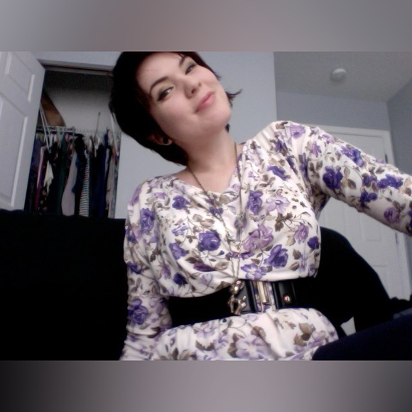 Purple and Cream Floral Pattern Mini Tunic Dress - Picture 3 of 4